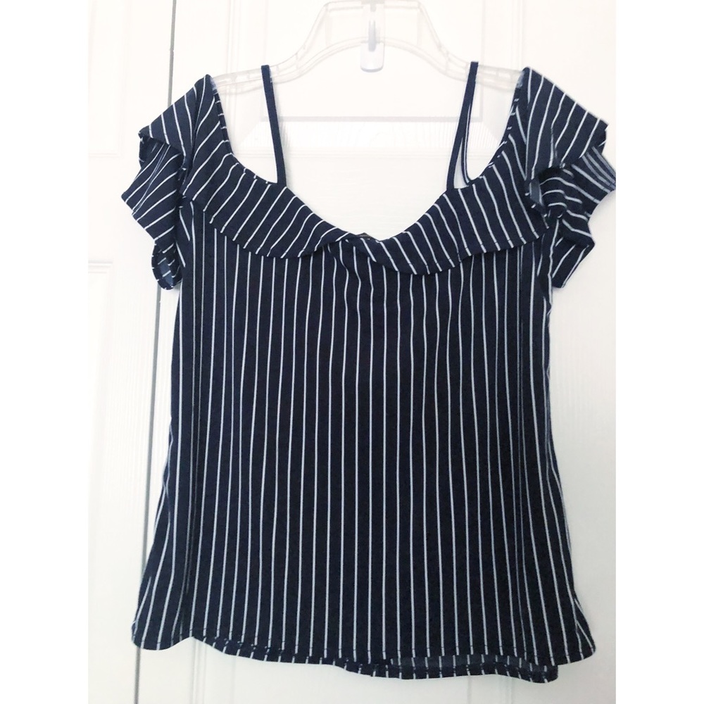 Banana Republic Blue with White Stripes Button Front and Ruffle Collar - Picture 2 of 4